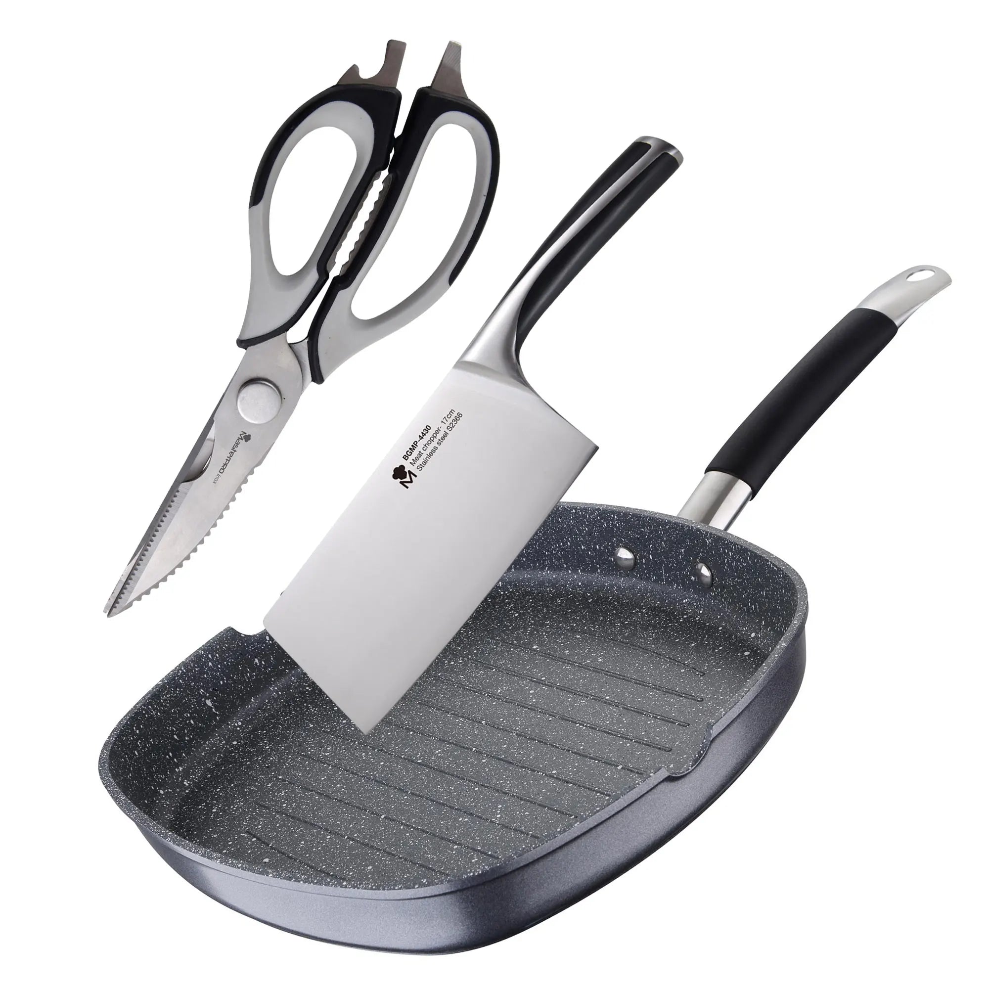 MasterPRO Grill Pan Set 28x28x4.5cm in forged aluminum + 17.5cm cleaver knife and 23cm scissors Cookware Sets