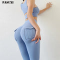 PASUXI New Women's High Waist Gym Leggings Pocket Digital Printing Solid Pattern Breathable Four-Way Stretch Sweat-Wicking Quick