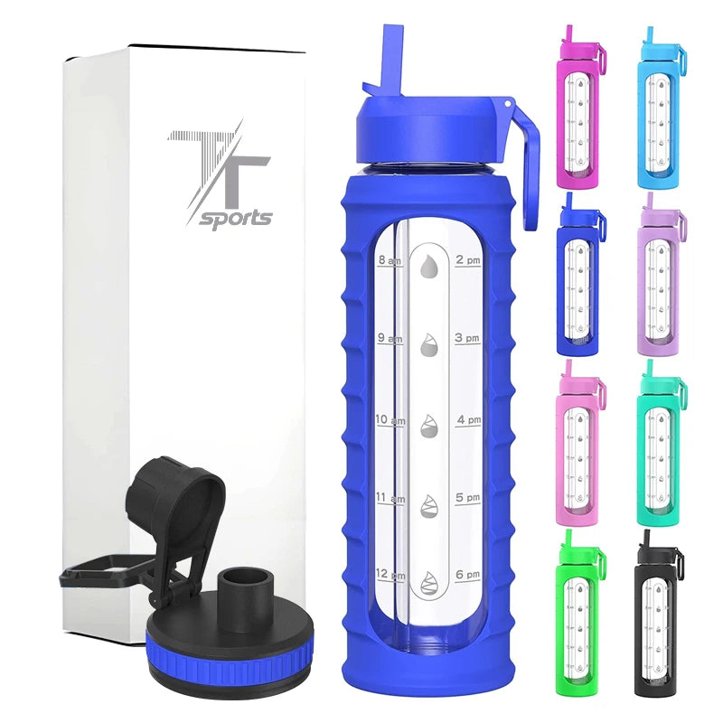 32oz Leakproof Borosilicate Glass Water Bottle With Silicone Sleeve Time Markers Straw Lid Custom Logo Wholesale MegaBDM