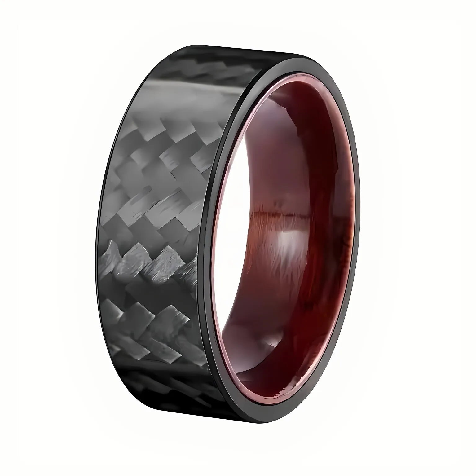 POYA 8mm Black Twill Carbon Fiber Wedding Band for Men Comfort Fit with Rosewood Liner Tungsten Classic Style Engagement Gift