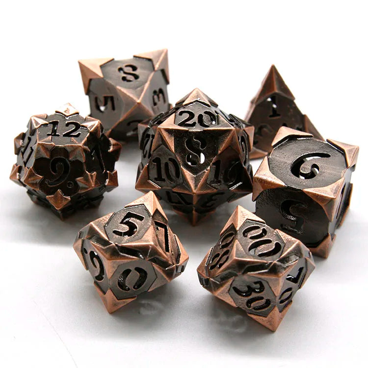 Copper Metal Polyhedral Dungeons & Dragons Dice 7-Piece Set Bulk Hollow Design Customizable Logo & Color