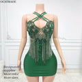 Ocstrade Luxury Rhinestone Mini Dresses Club Party Crisscross Design Off the Shoulder Tassel Party Club Night Birthday Dress