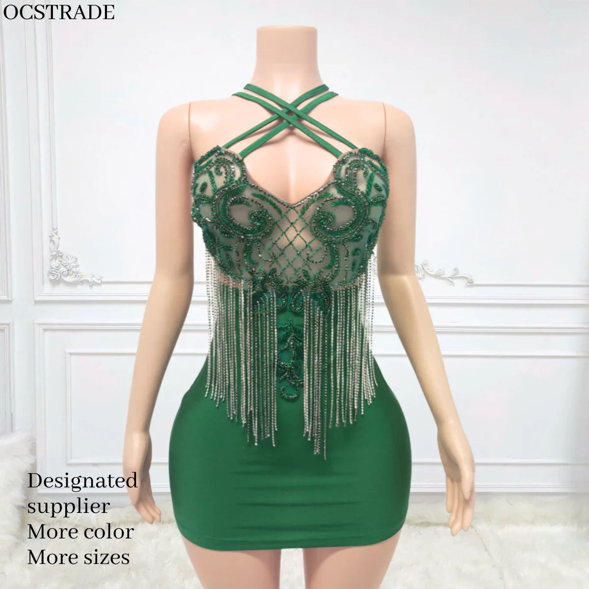 Ocstrade Luxury Rhinestone Mini Dresses Club Party Crisscross Design Off the Shoulder Tassel Party Club Night Birthday Dress