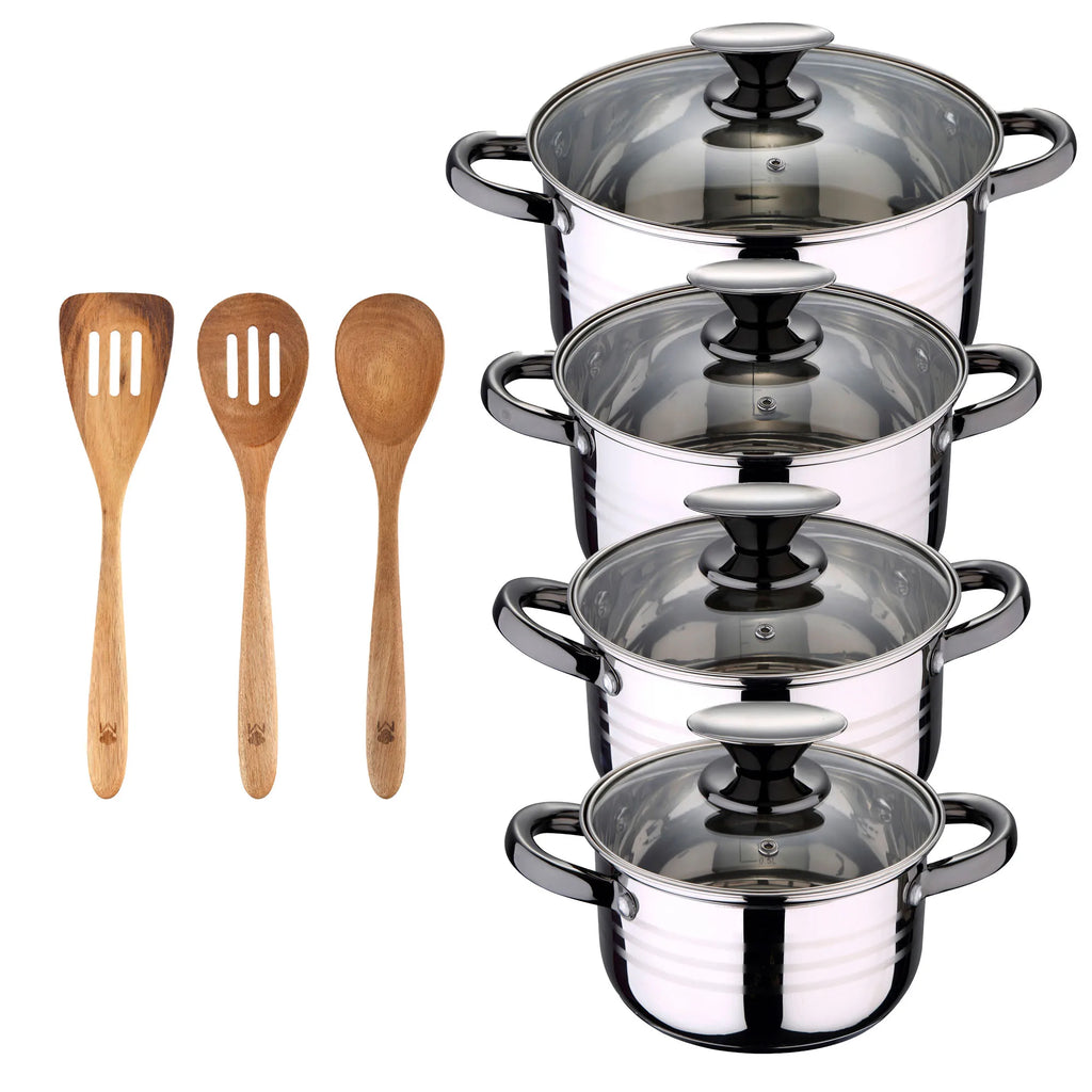 8-piece stainless steel cookware set suitable for induction cooking San Ignacio Premium Collection + 3-piece acacia kitchen