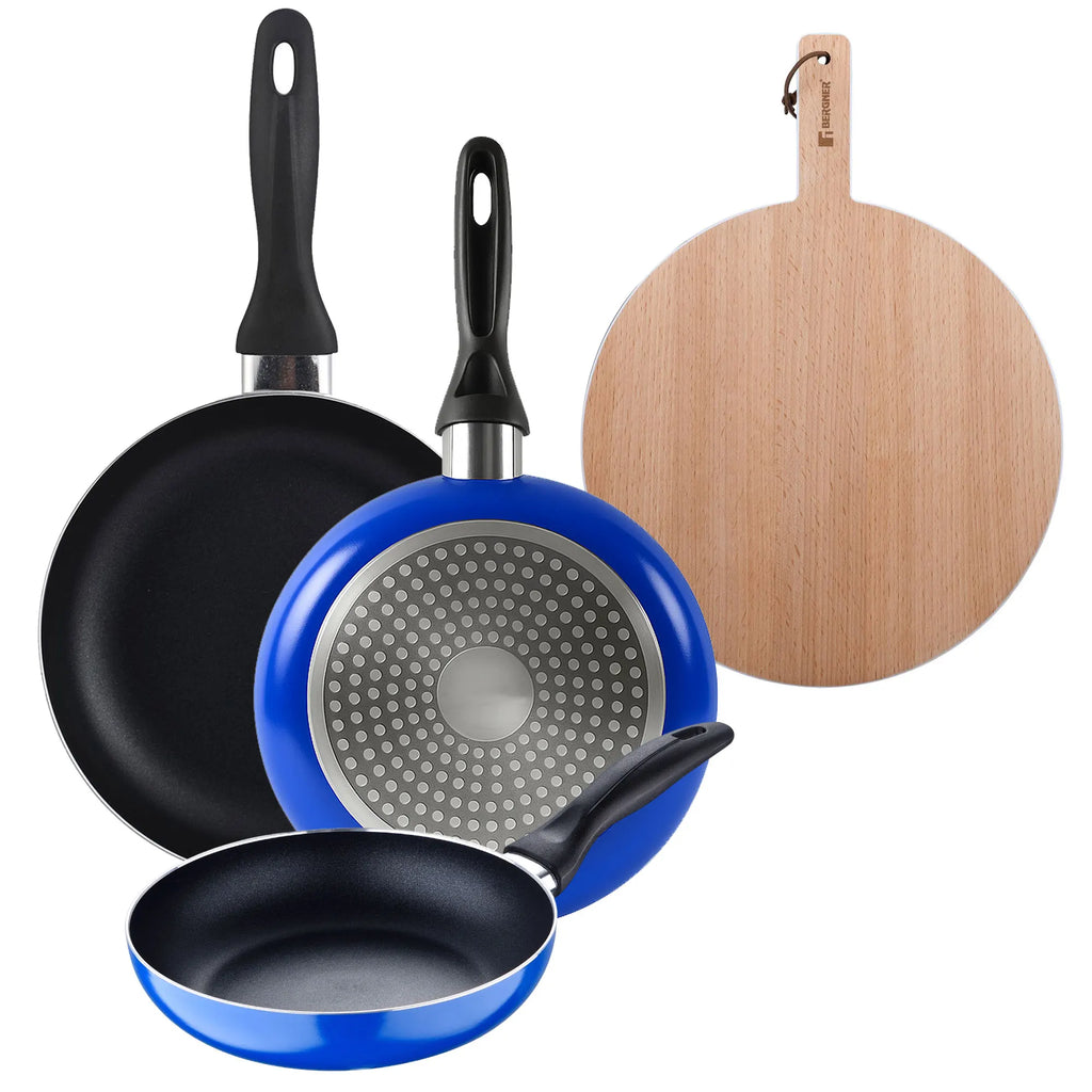 Set of 3 San Ignacio frying pans (16+20+24cm) pressed aluminum industrial blue + Round cutting board 38x28x1.5cm in beech wood