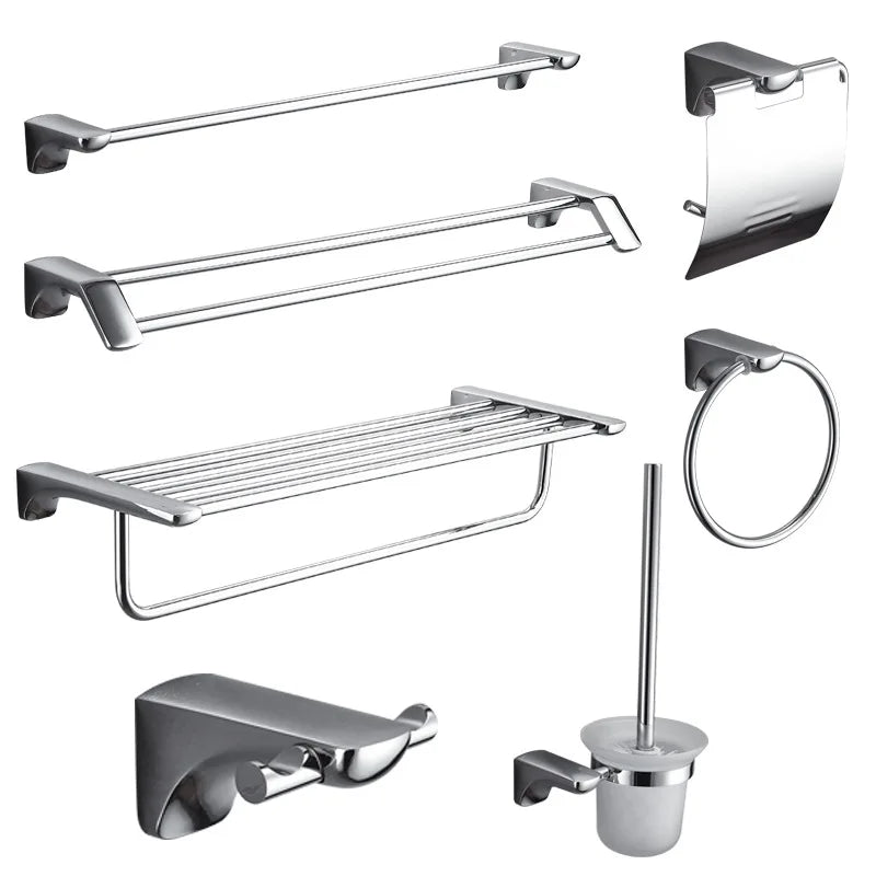 Ceiling Mounted Modern Stainless Steel Sliver Chrome PVD 6-Piece Punch-Free Brush Folding Toilet Storage Rack Bathroom Hardware