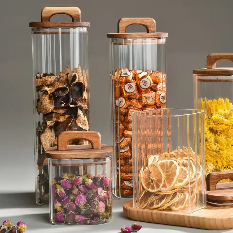 Factory Wholesale OEM ODM Kitchen Vertical Stripe Square Borosilicate Glass Eco-Friendly Food Storage Jar Sealed Acacia Wooden