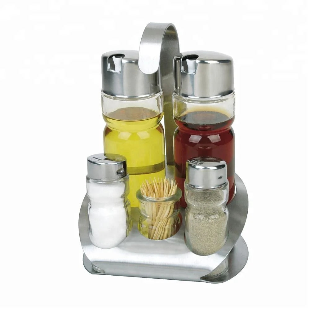 Kitchen Stainless Steel Condiment Set Salt Pepper Cooking Glass Oil Vinegar Salt Pepper With Napkin Holder
