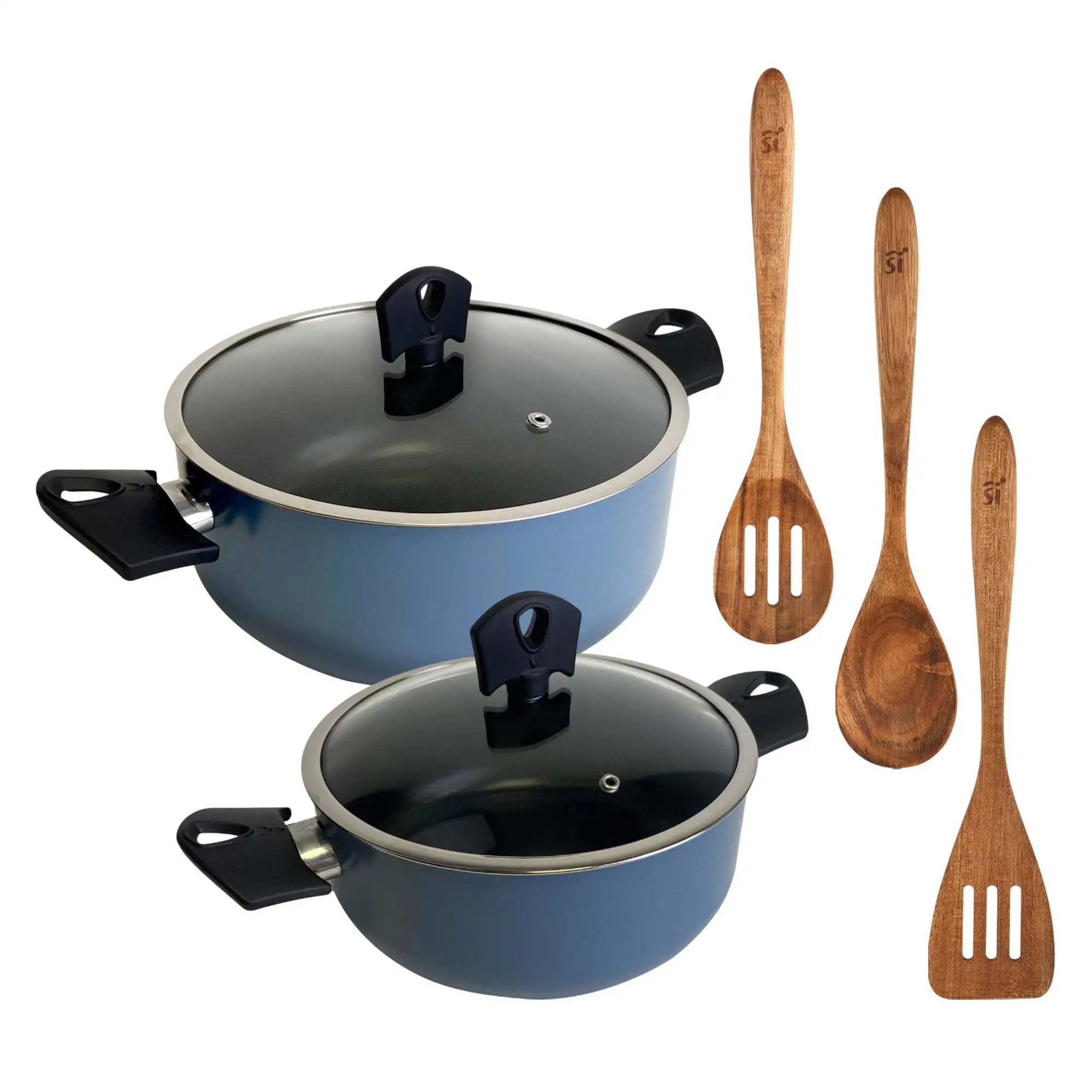 Set of 2 saucepans 2024cm with lids in pressed aluminum blue color + Set of 3 wooden utensils NOIA San Ignacio