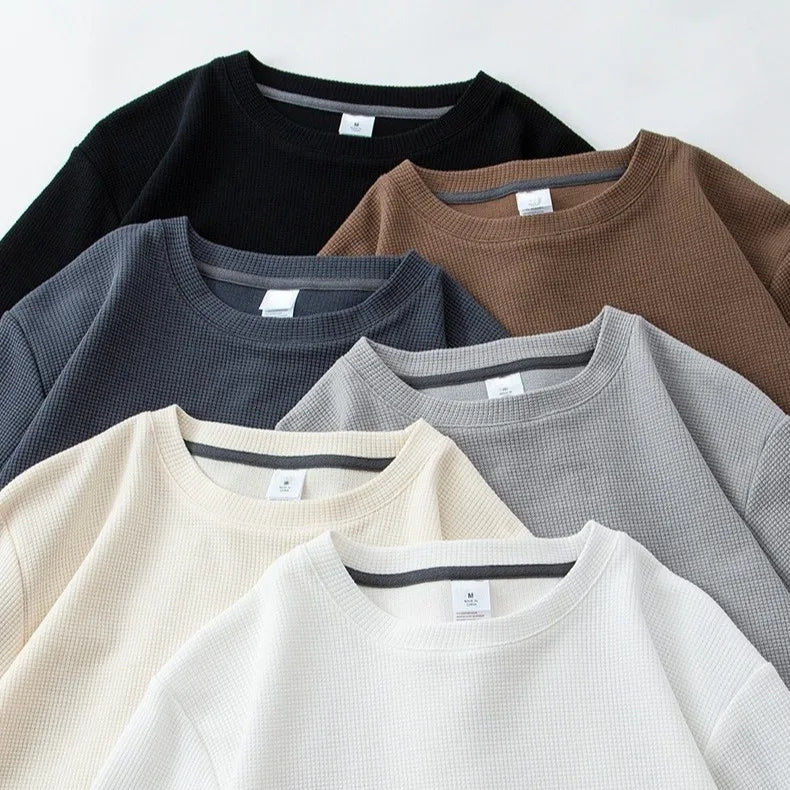 China Bangladesh Factory Price OEM Customize Logo Embroidery Waffle Long Sleeve Japanese Style Heavyweight Autumn Winter T Shirt