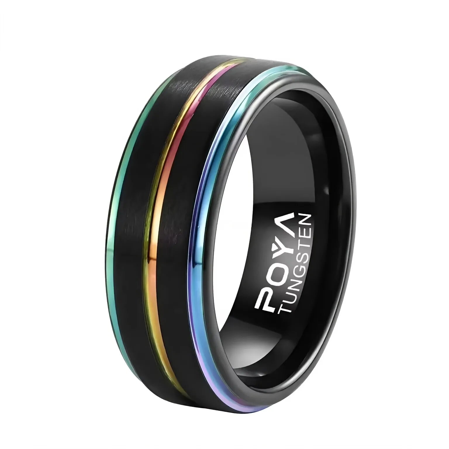 POYA 8mm Classic Rainbow Line Black Tungsten Ring Wedding Band for Men Multi Color Jewelry