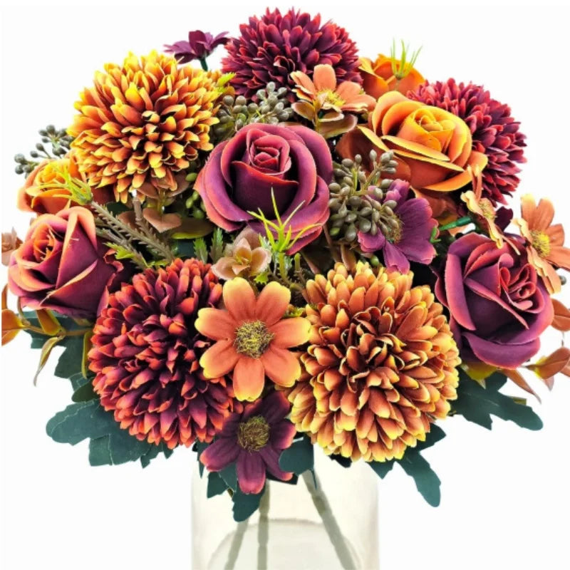 Artificial Fall Flower Mums Silk Chrysanthemum Rose Daisy Bouquet Floral Arrangements Home Party Wedding Table Autumn Decoration