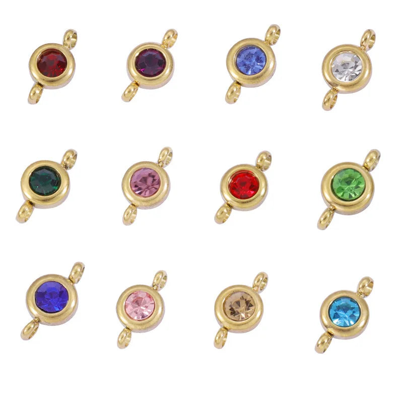 Fashion 18K Gold Plated Stainless Steel Birthstone Charm Tiny Zircon Flat Round CZ Birthstone Connector Charm for Jewelry Makin