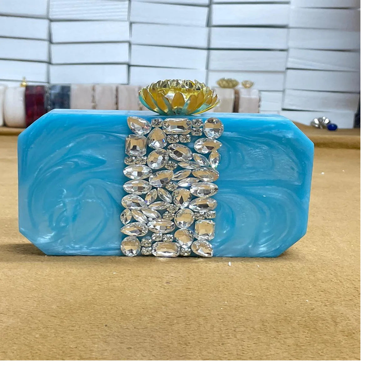 Custom Made Ocean Blue Iron Clutches with Embellished Crystals and Stone Pattern Eco-Friendly for Fashion Stores Resale