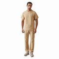 Beige Textured Men's Co-Ord Clothing Set 100% Cotton Summer Short Sleeve Top Pants Breathable Casual Street Style Drawstring