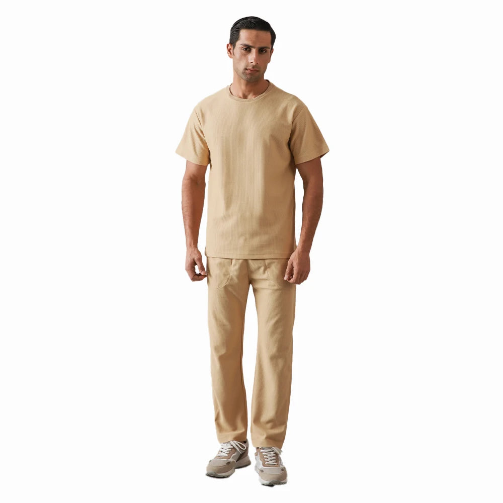 Beige Textured Men's Co-Ord Clothing Set 100% Cotton Summer Short Sleeve Top Pants Breathable Casual Street Style Drawstring