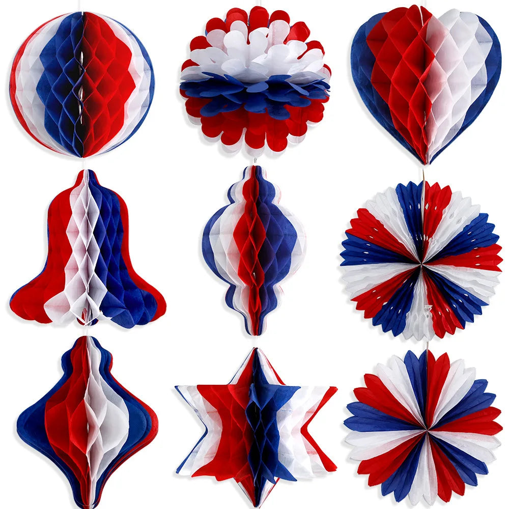 4th of July Honeycomb Ball Pendant American Flag Patriotic Party Decor Red White Blue Paper Gourd Shaped Hanging Ornament