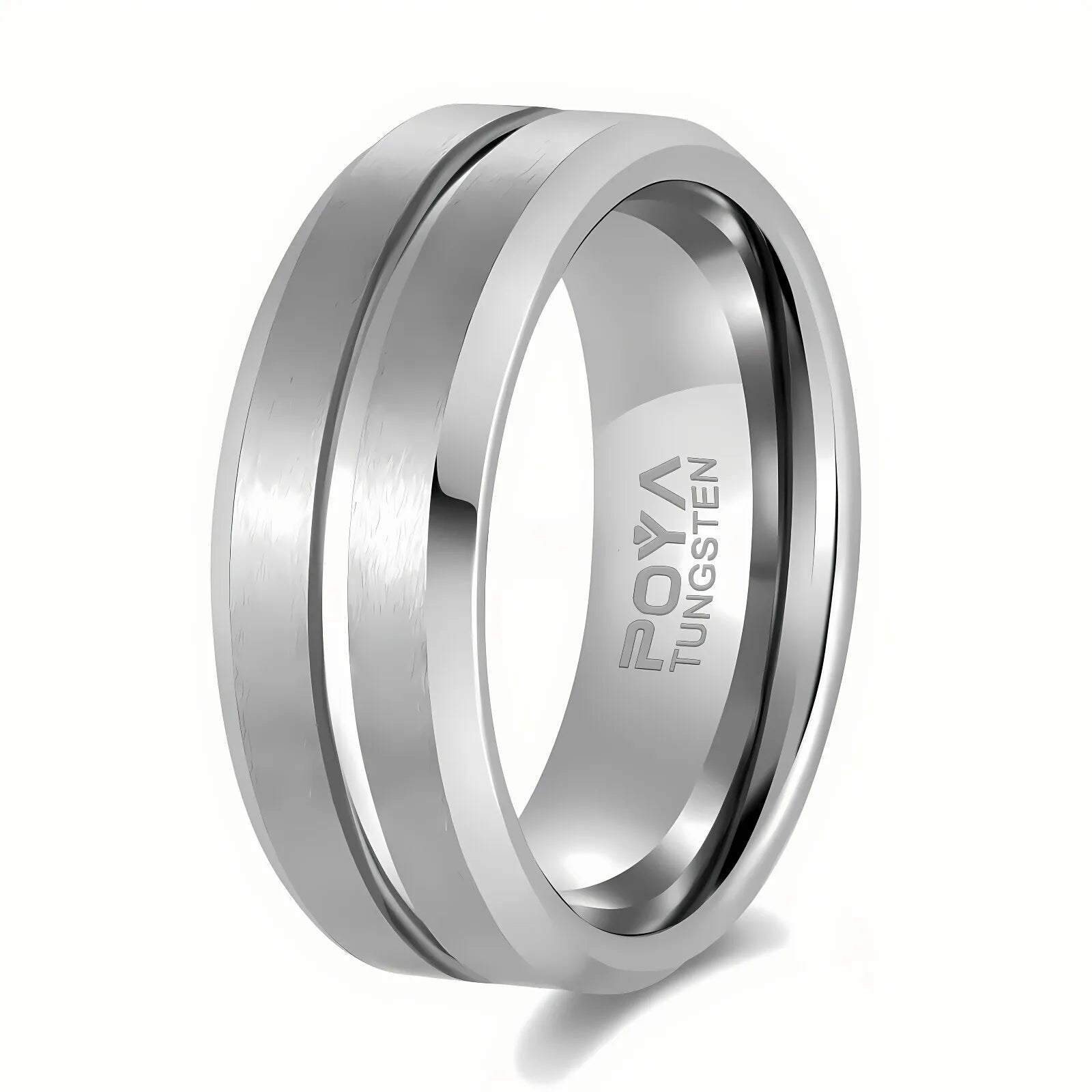 POYA Unisex 8mm Vintage Silver Tungsten Wedding Band Classic Beveled Edges Resizable Ring for Anniversary or Gift
