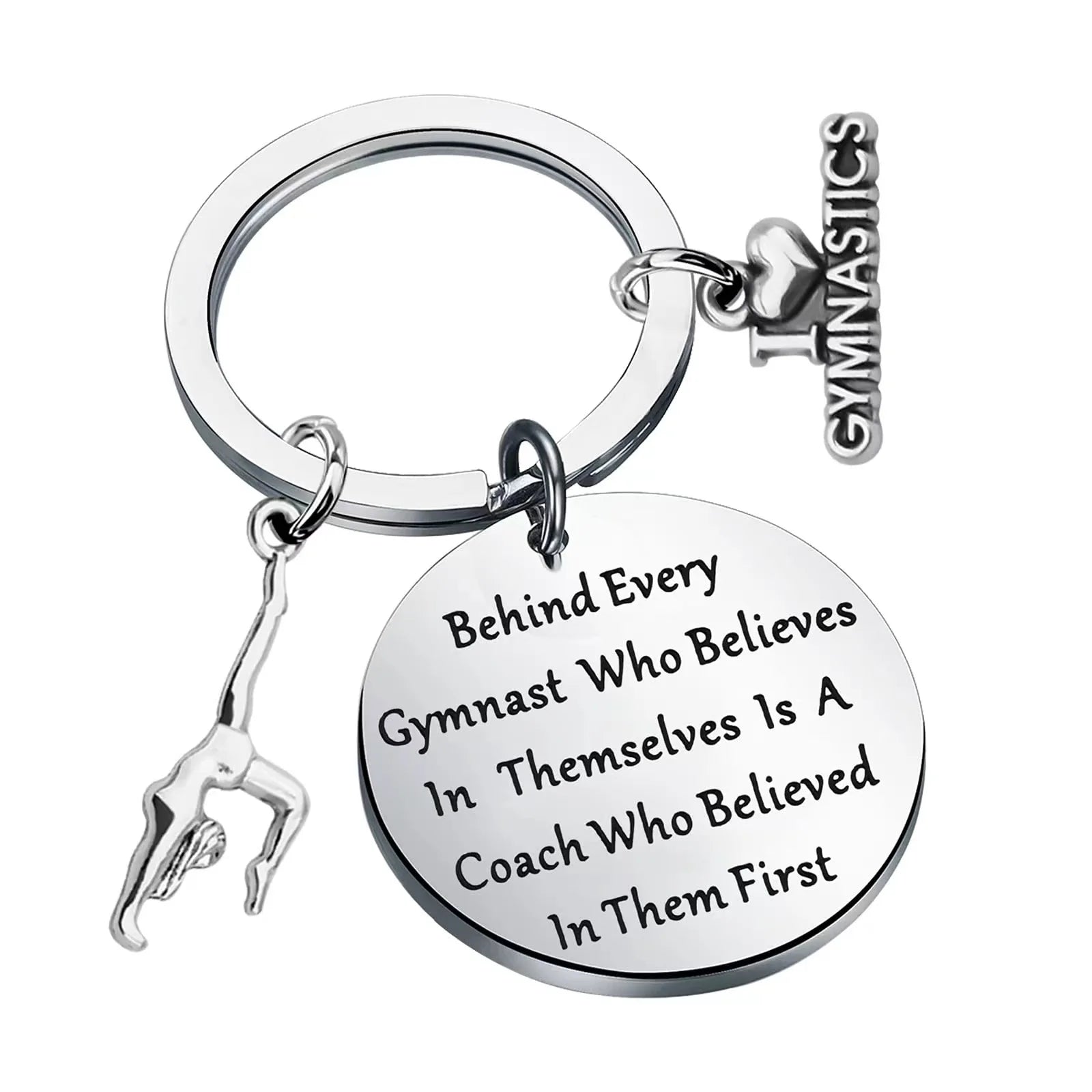 LOGO Stainless Steel Rhythmic Gymnastics Keychains Behind Every Gymnast Who Believes Jewelry Gymnasts Trainer Class Team Gift
