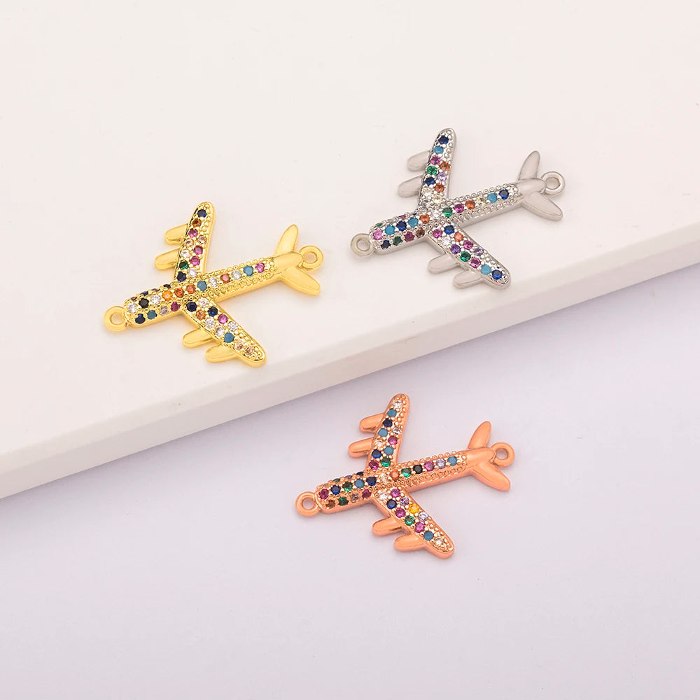 Wholesale Rainbow Airplane Pendant Charms Multicolor Cubic Zirconia Gold Silver Rose Gold Plated for Bracelets Jewelry Making