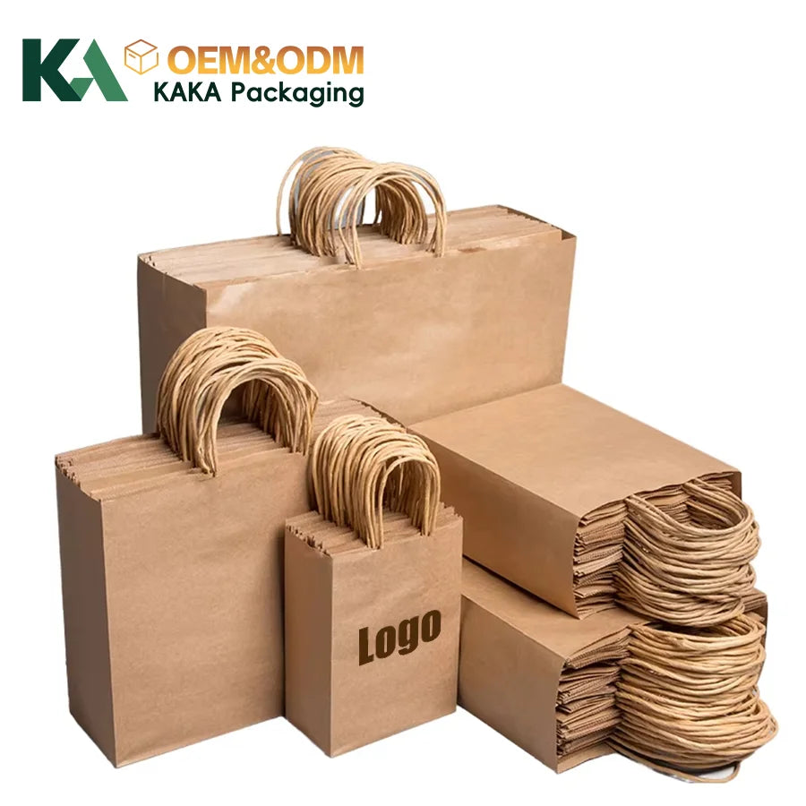 KAKA Wholesale Factory Recyclable Brown Kraft Paper Bag with Rope Handle Customizable Made Your Logo Shopping Bags for Store