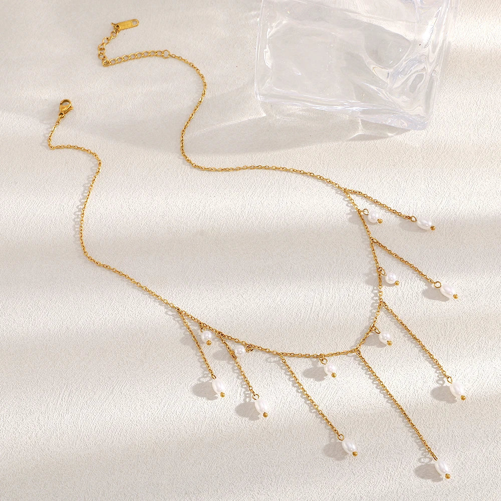 Dreamshow Imitation Pearl Bohemian Tassel Necklace 18k Gold Plated Stainless Steel Jewelry