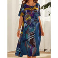 2025 European & American Fashion Casual Printed Dress: Summer Short Sleeves Loose Round Neck Wide-Leg Maxi Skirt Dress