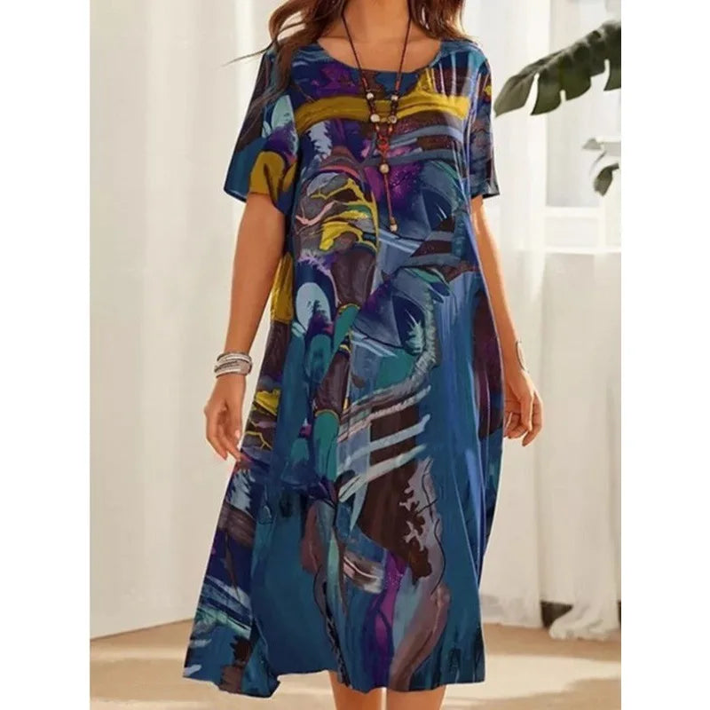 2025 European & American Fashion Casual Printed Dress: Summer Short Sleeves Loose Round Neck Wide-Leg Maxi Skirt Dress
