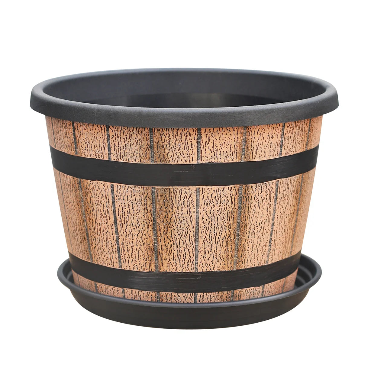 Lightweight PP Wood Grain Plastic Planter with Saucer for Green Plant Modern Stylish Design Outdoor & Home Garden Use