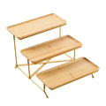 3 Tier Bamboo Rectangular Platter Dessert Table Stand Set with Gold Metal Rack for Wedding Party Cake Cupcake Display