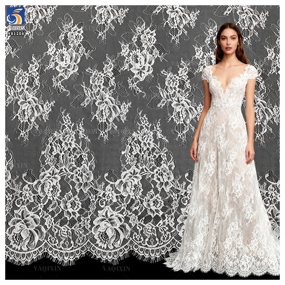 YX1208 RTS Free Sample Custom-Made Multi-Color Eyelash Lace Fabric 10 Pieces French Wedding Dress With Romantic Lace Fabric