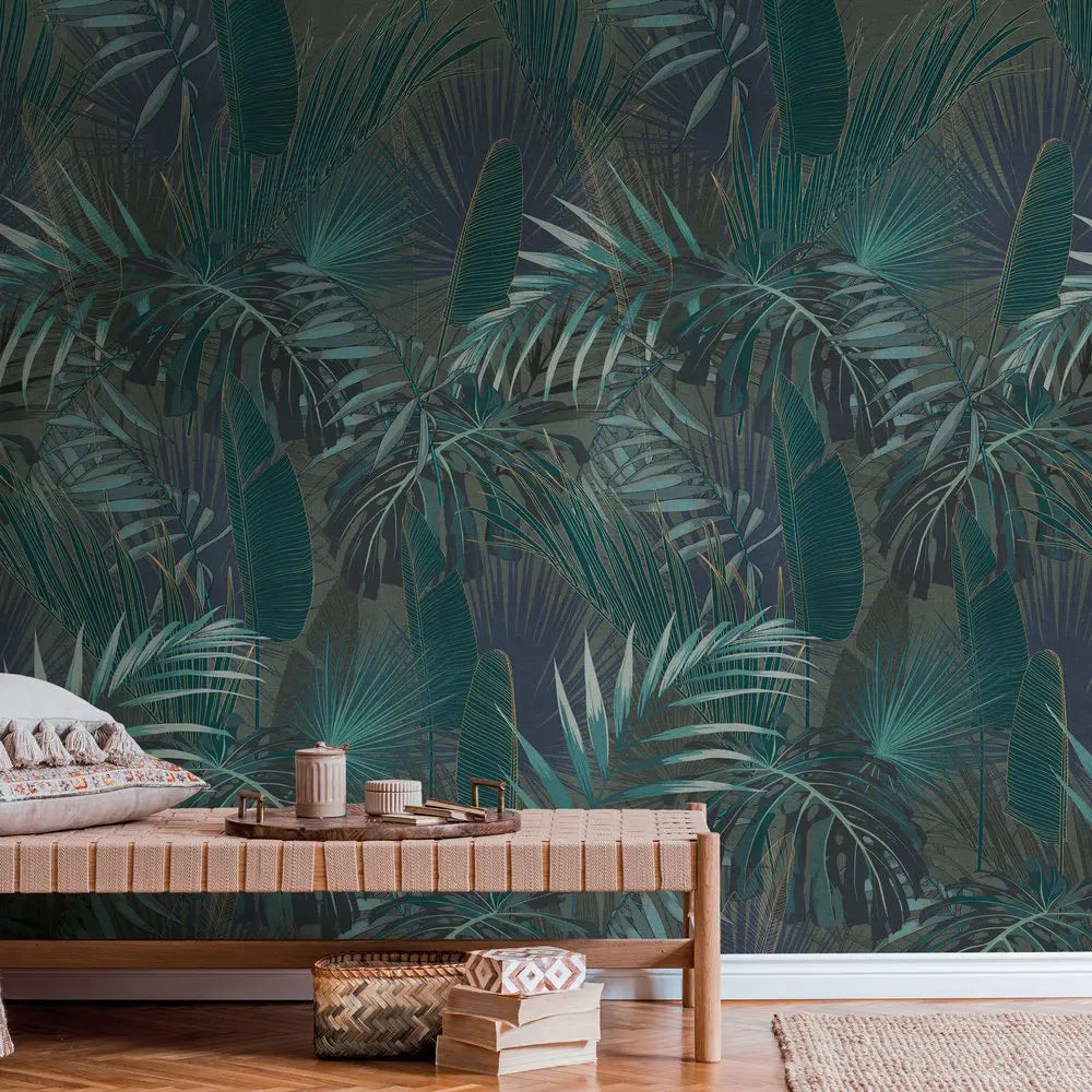 Germany Made Modern Jungle Petrol Blue Green Non Woven Vinyl Wall Mural Sound-Absorbing Living Room Gym Bedroom Hospital Mall