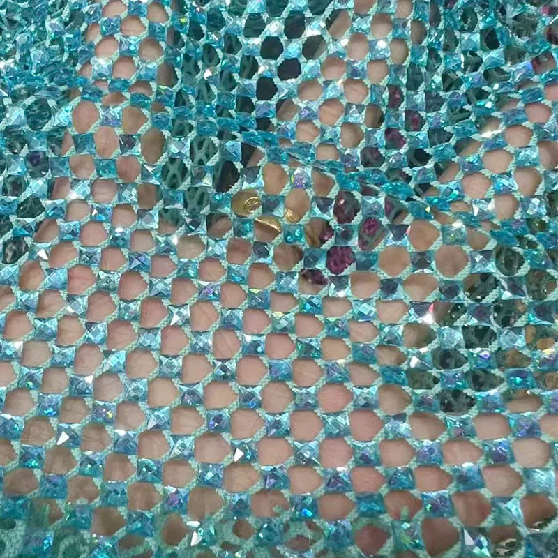 Hot Bling Crystal Fabric Colorful Clear Rhinestone Fishnet Fabric Stretch Square Rhinestones Mesh for Party Garment