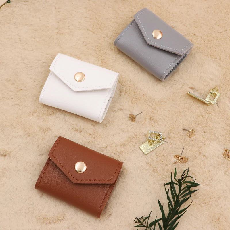 Mini Lightweight PU Leather Jewelry Roll Case Folding Envelope Travel Organizer Portable Snap Button Pouch Ring Earring Necklace