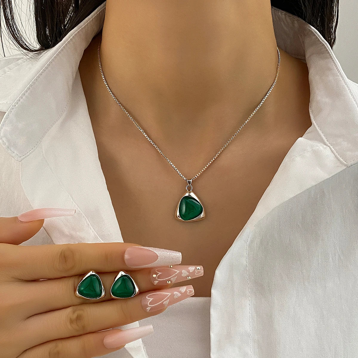 Classic New Design Green Triangle Earrings Necklace Jewelry Set for Women Jewelry Wholesale