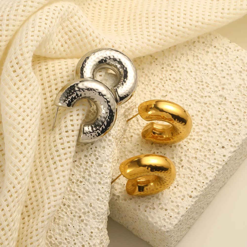 Dreamshow Hammered Hollow Hoop Earring 18k Gold Plated Jewelry Waterproof Stainless Steel Earring Boucles D'oreilles