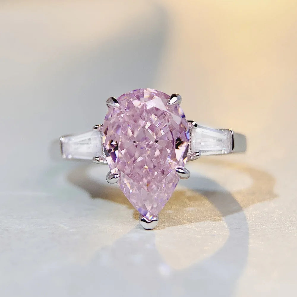 Fashion Ice Flower Cut Zircon S925 Silver Engagement Ring Party Romantic Pear Cut Pink Yellow Color Women's Gemstone