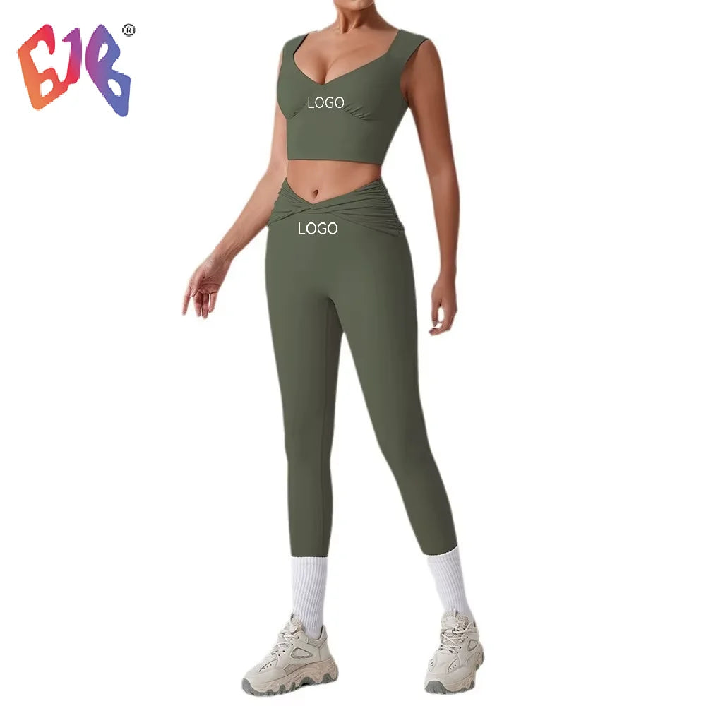 New Tight Fit Yoga Set for Women Quick Dry Twisted Knot Top and High Waist Flare Shorts School Hot Girl Xxx