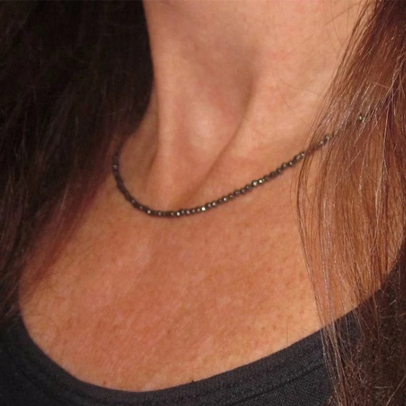 New Design Tiny Faceted Hematite Natural Gemstone Beaded Necklace 1*1.5 mm Black Hematite Beaded Short Choker Necklace Jewelry