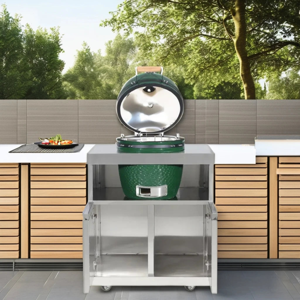 Pre-Assembled 18'' Kamado Grill with Patio Storage Cabinet No Setup Required Perfect for Backyard Gatherings & Barbecues