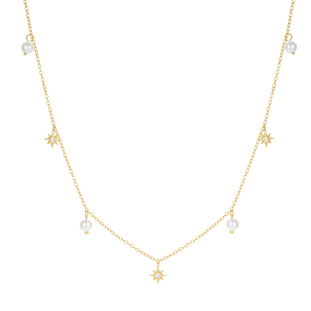 CANNER 925 Sterling Silver Pendant Necklace with Pearls and Star Charms 18K Gold Plated for Parties and Anniversaries