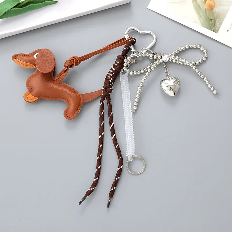 NEW Dachshund Dog Pu Leather Key Chain Shoelace Rope Tassel Baseball Bag Charm Pendant Car Keyring Luxury KeyChain for Women