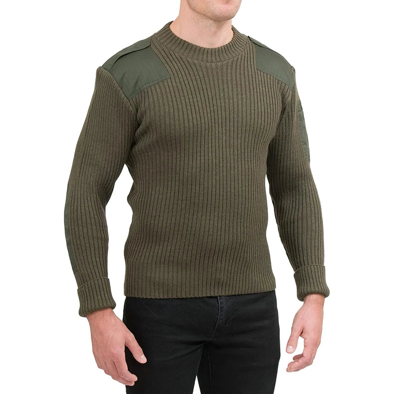 Wholesale Men Sweater Black V-Neck Tactical Shoulder Patch Knitting Wool Blends Crewneck Knit Knitwear Sweater