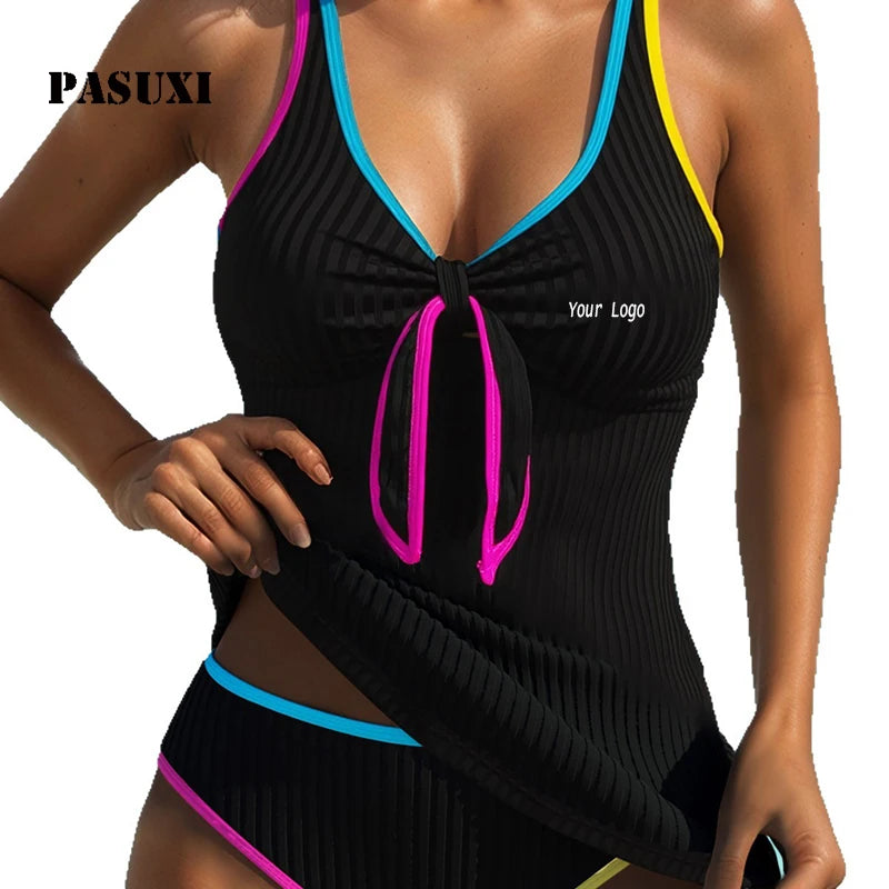 PASUXI 2026 Ribbed High Waist Bikini Set Tankini Swimsuit Two Piece Quick Dry Swimwear Color Block Tummy Control Bathing Suit