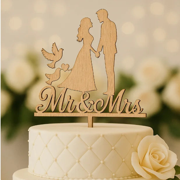 Pafu Wedding Decorations  Rustic Laser Cut Wooden Cake Toppers With Balloons Birds Design Wedding Wooden Cake Toppers