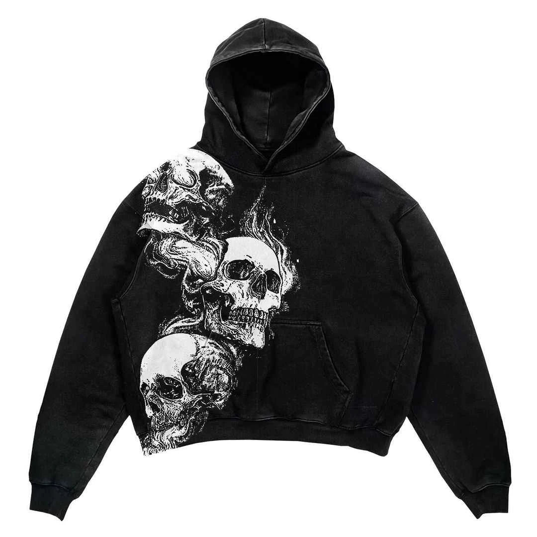 Acid Wash Winter Hoodie 100% Cotton Skull Print Vintage Heavyweight Pullover Embroidered Custom Logo & Color