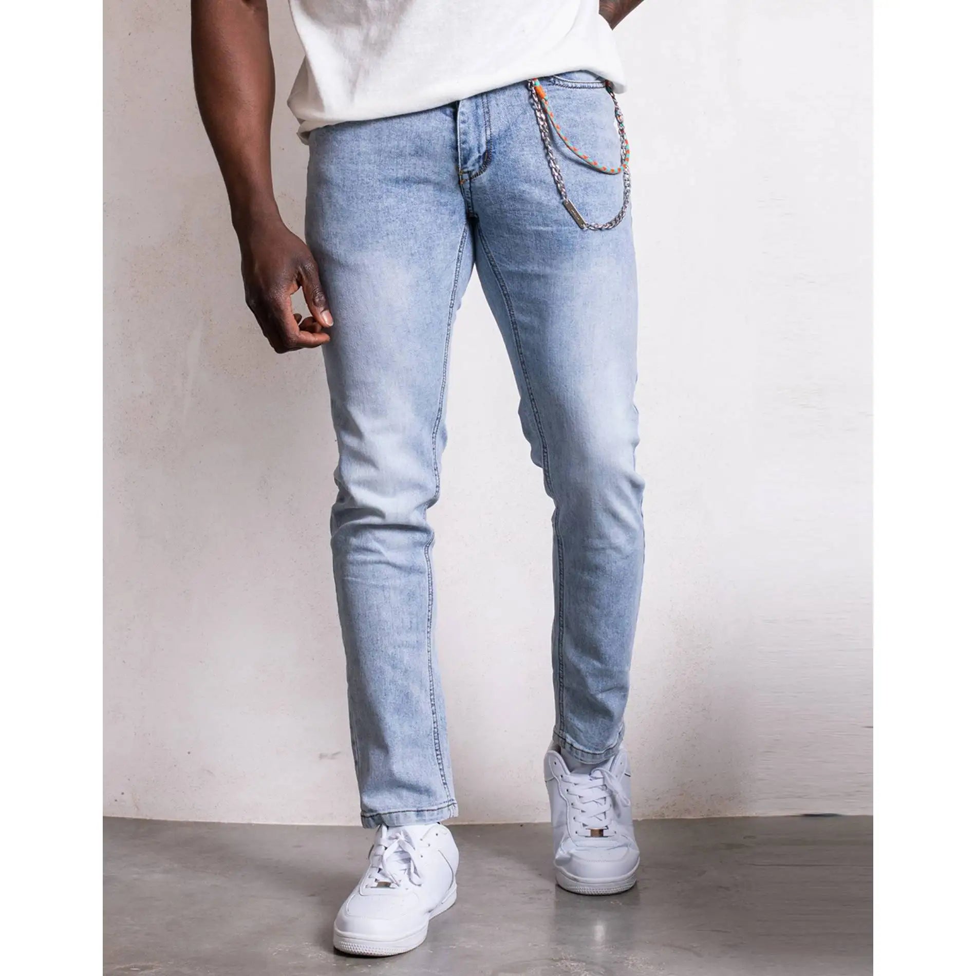 Imperio Shop Men's Denim Blue Straight Casual Jeans Size 38 with Stylish Chain Detail on Back Pocket Medium Wash