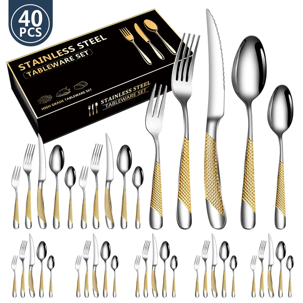 Hot Sale 40-PCS Stainless Steel Luxury Wedding Cutlery Set Gold & Silver Knife Fork Spoon Eco-Friendly Flatware