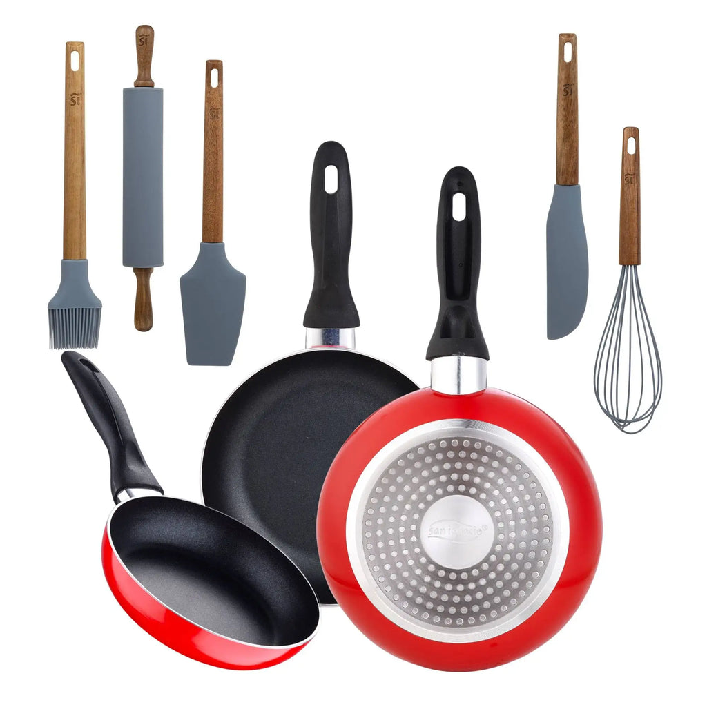 San Ignacio 3-piece frying pan set 16/20/24 cm + 5-piece silicone and acacia wood kitchen utensil set
