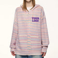 2024 Street Style Custom Women Hooded Cardigan Striped Knit with Front Logo Embroidery and Zipper Closure